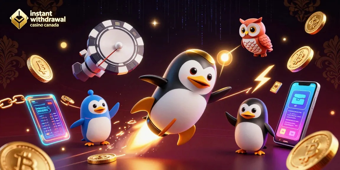 Experience instant withdrawal casino Canada with a 3D penguin soaring through a vibrant cosmic casino.