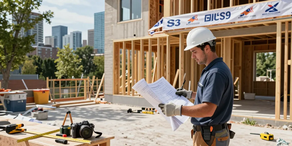 Residential general contractor Toronto overseeing renovation project at construction site with blueprints.