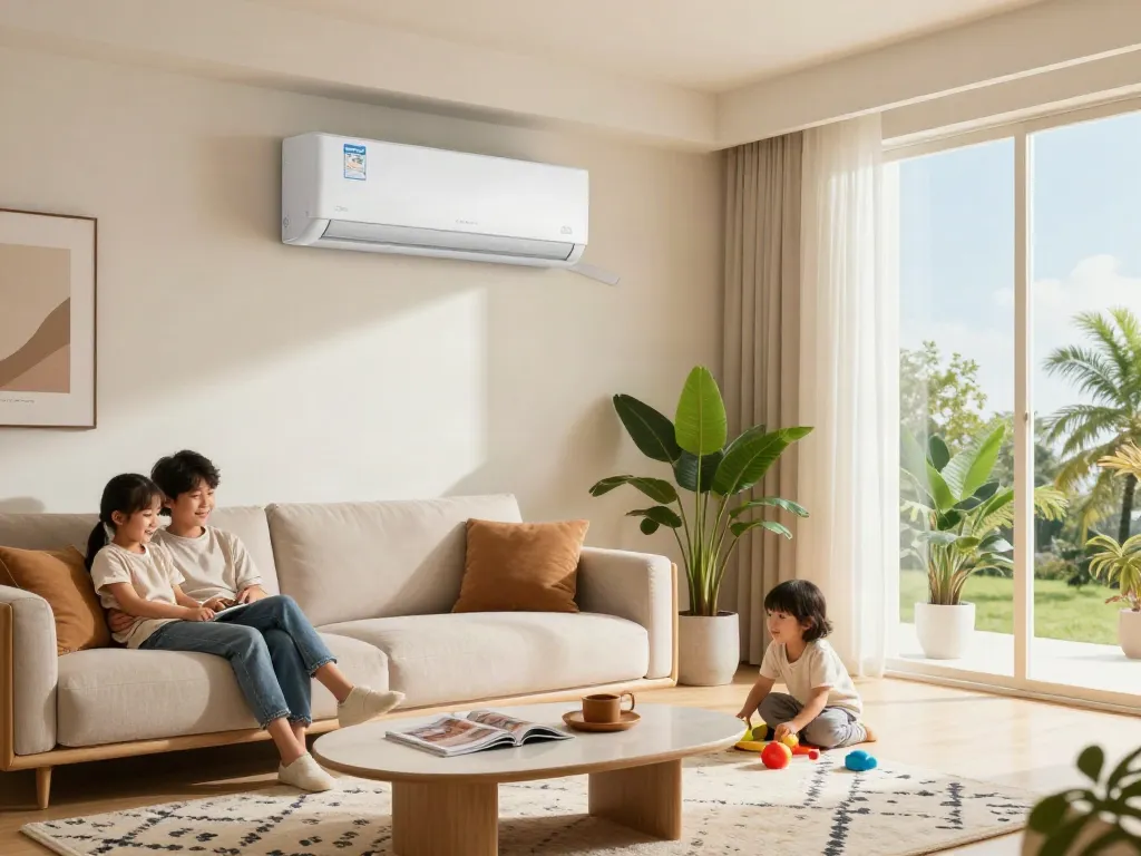 Modern living room featuring a split ac unit with family enjoying comfort and style