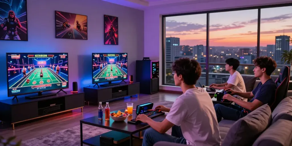 Engaged gamers enjoying a thrilling session with gem88 in a modern gaming setup.