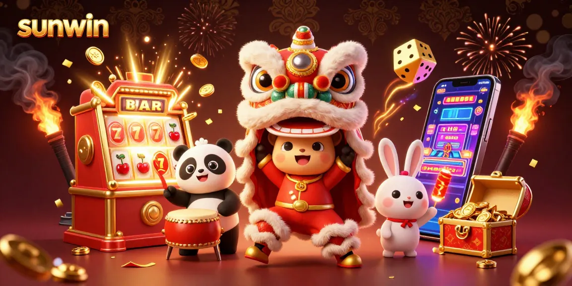 Engage with sunwin's thrilling slot machines and colorful casino games through this vibrant illustration.