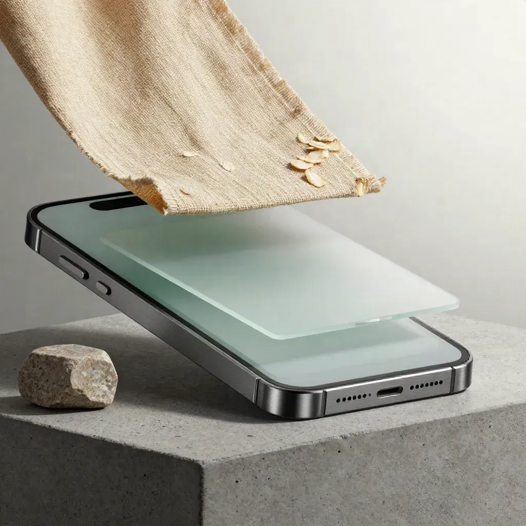 Brushed aluminum phone prototype with acetate cards, linen, and stone on concrete in soft morning light.