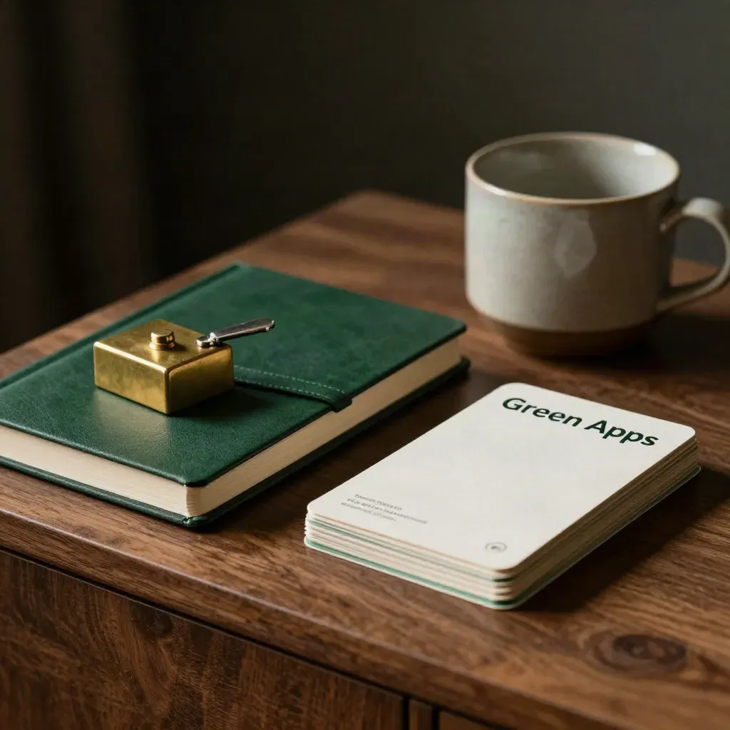 Closed notebook, brass paperweight, ceramic cup and prototype cards on walnut in dramatic light.