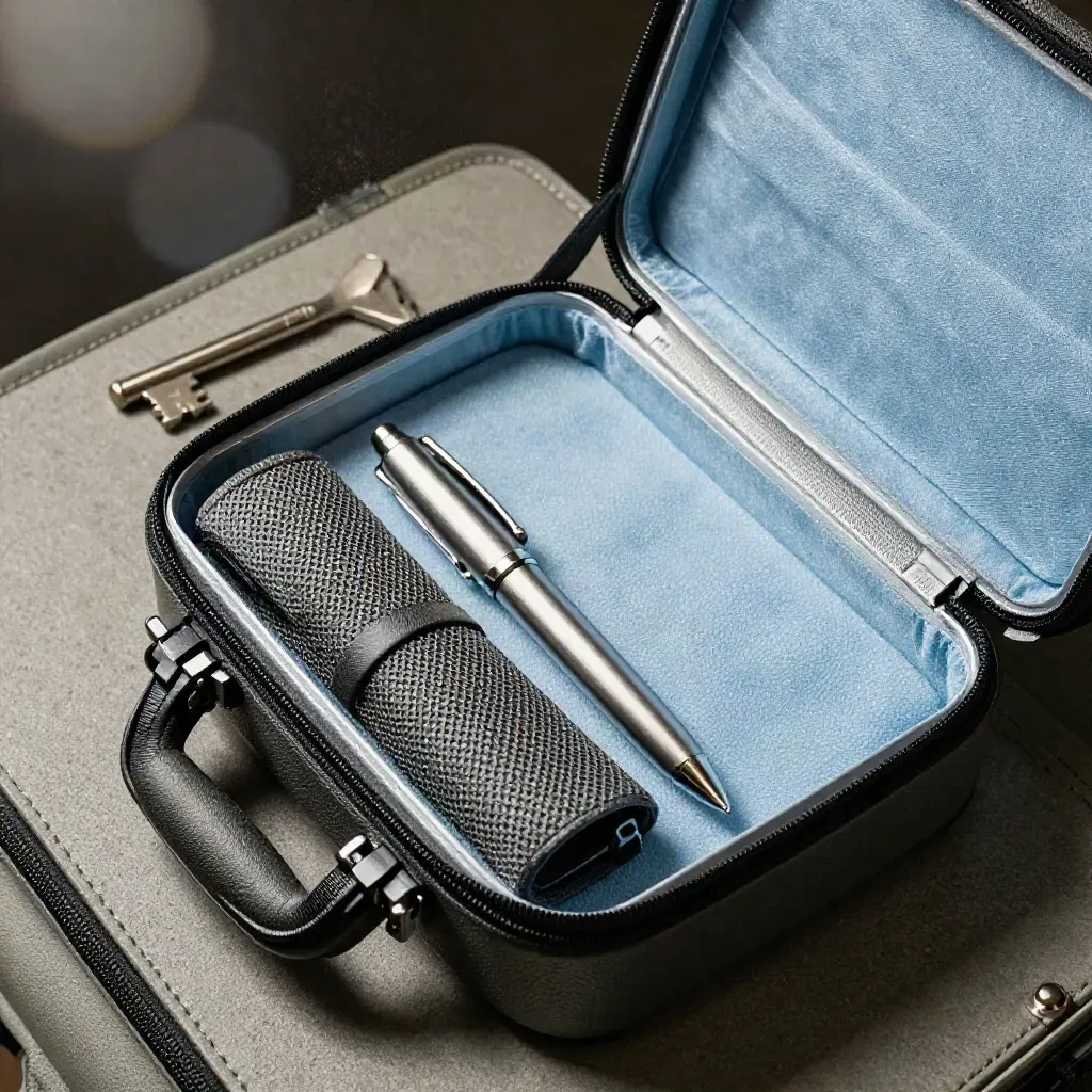 Macro of a packed launch kit: hard case, cable pouch, metal pen and transit key fob on concrete.