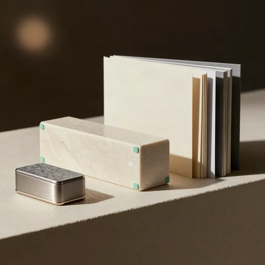 Architectural model block with presentation box, stone paperweight and sample board on a warm ledge.