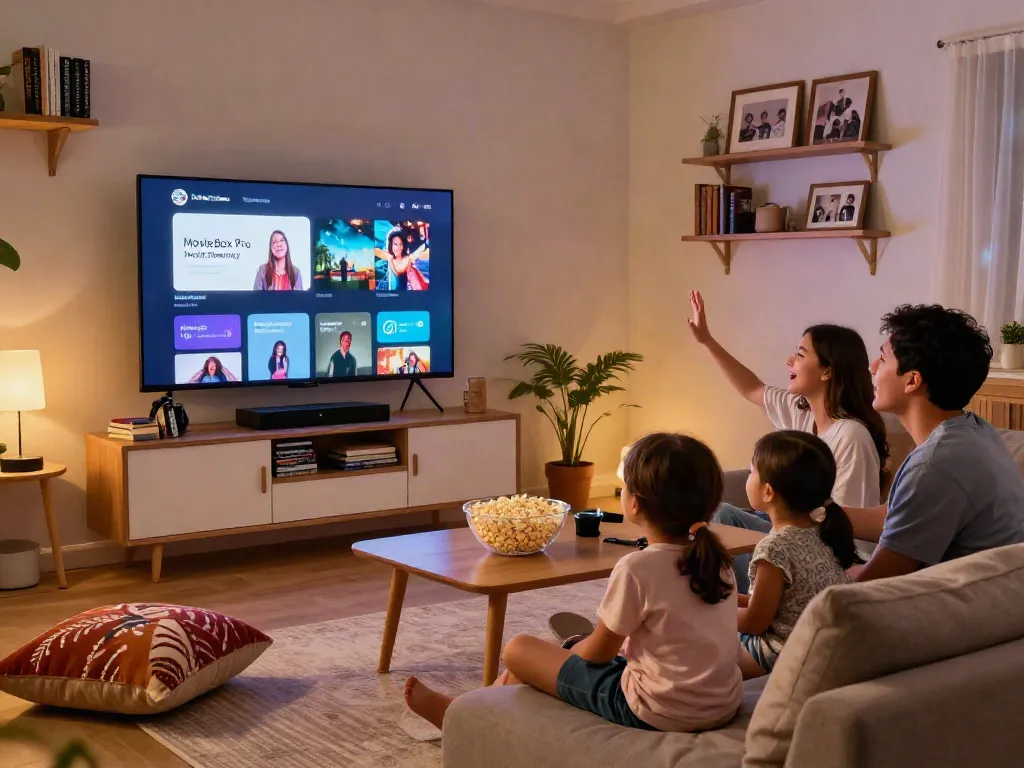 Family enjoying a movie night using the movieboxpro app on a smart TV in a cozy living room.