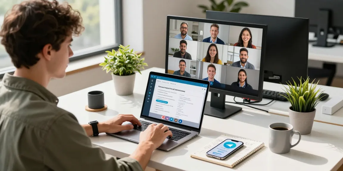 Engaging with Telegram Web Version in a modern workspace, showcasing collaboration and tech interaction.