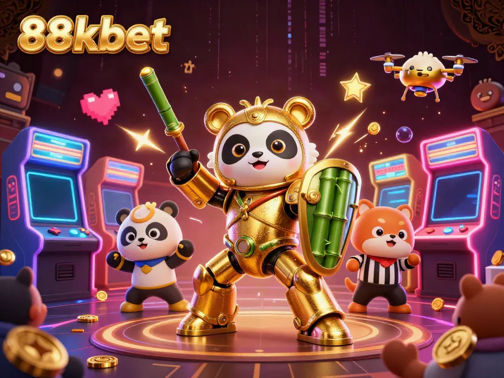 Experience thrilling gameplay at 88kbet with a golden panda robot amidst vibrant gaming elements.