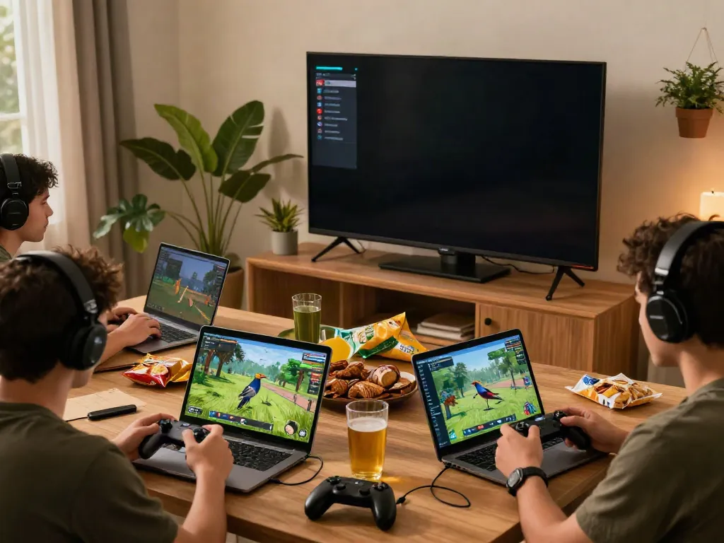 Players enjoying a vibrant rokok88 login gaming session on multiple devices in a cozy room.