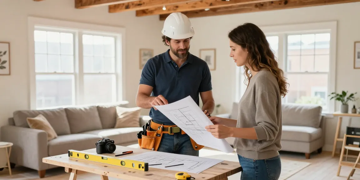 Residential general contractor Toronto discussing renovation plans in cozy living room with homeowner.