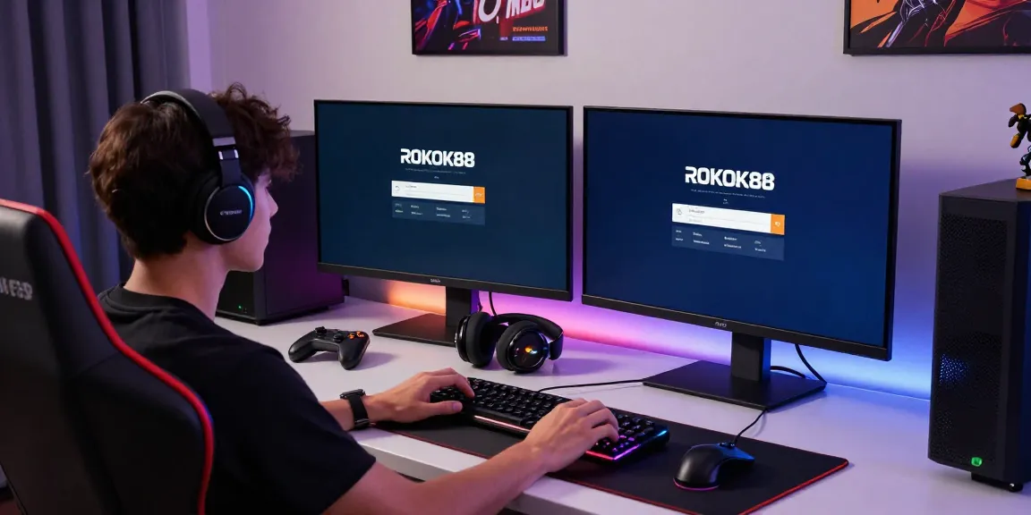 Gamer using rokok88 login interface on dual monitors in a vibrant gaming setup.